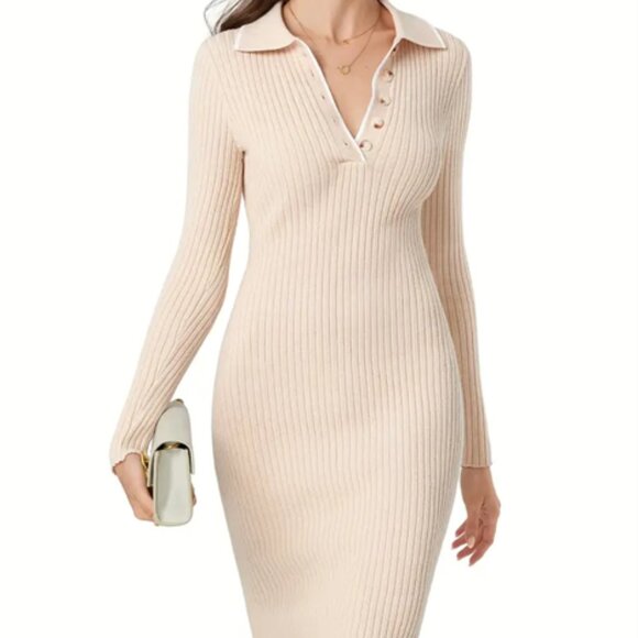 NWT ribbed collared sweater dress COMMENSE beige with white contrast trim L - Picture 2 of 9